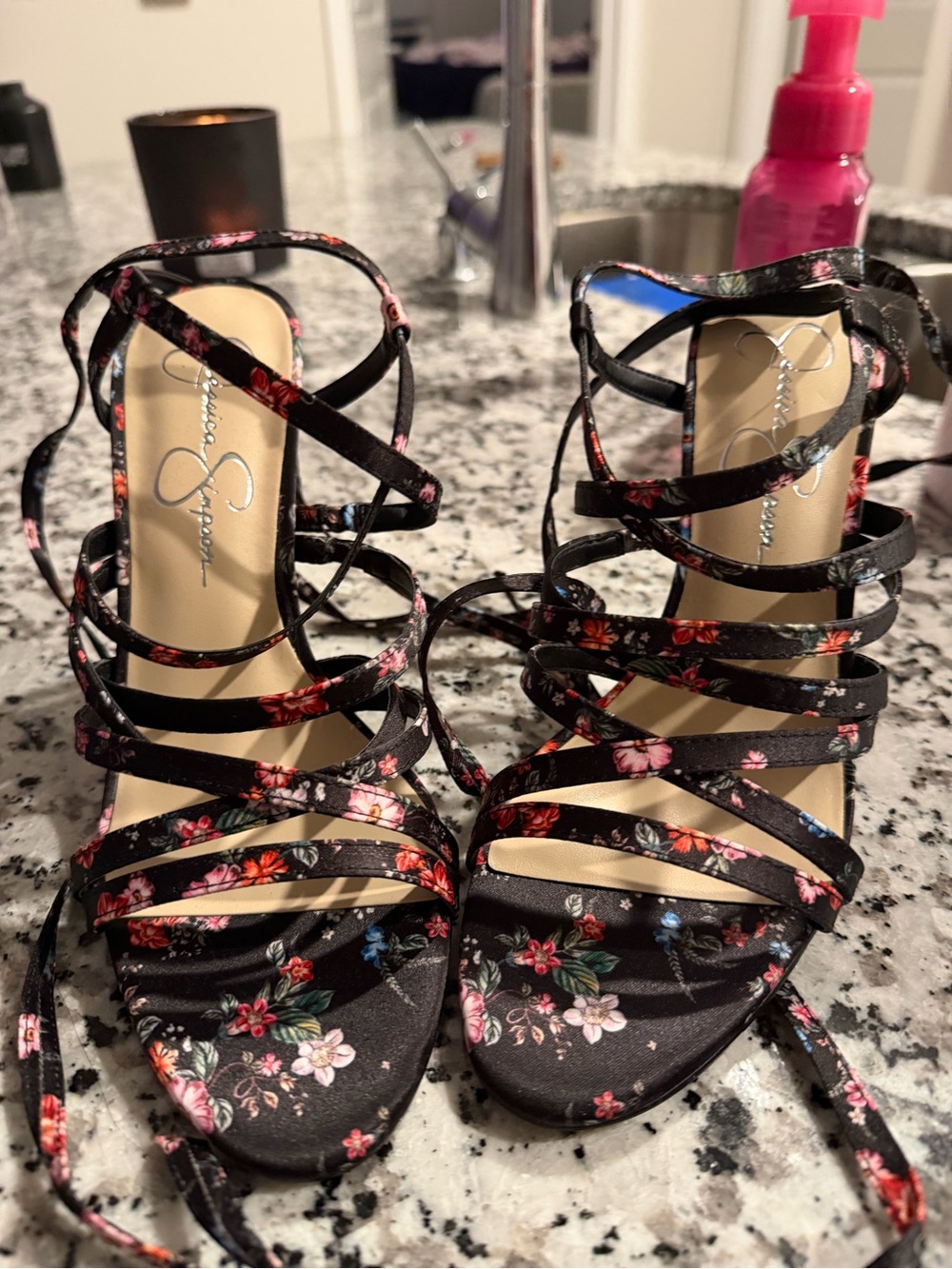 Jessica Simpson Black Floral Lace-Up Strappy Heels